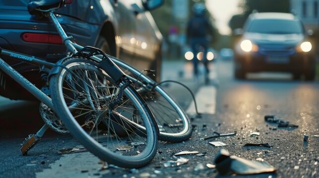 Verkehrsunfall mit Fahrrad: Auf der Stra&szlig;e liegen Scherben und ein besch&auml;digtes Rad. Autos rollen heran, w&auml;hrend die Unfallstelle rasch gesichert werden muss.