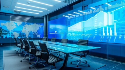 An empty conference room with a large glass table and chairs. The room is lit by bright blue lights, and the walls feature large displays showing data visualizations and graphs.