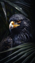 A black eagle with yellow beak and eyes is standing in a green leafy bush