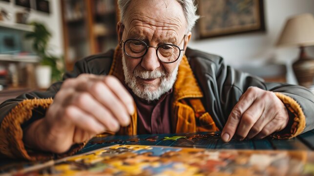 Senior Puzzelt konzentriert am Tisch im zuhause.