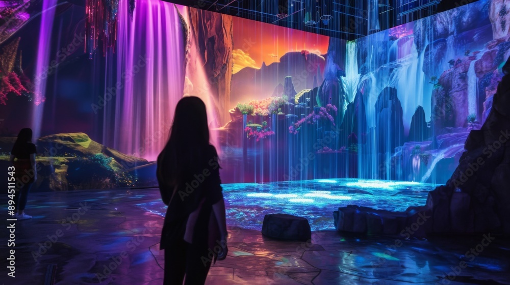 Poster A woman stands in front of a large projection displaying a colorful waterfall scene. The lights cast an ethereal glow on the woman and the surrounding space.