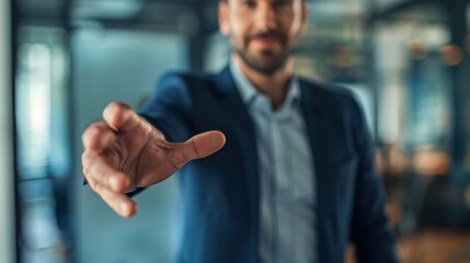 Offener Handschlag – Vertrauensvolle Geschäftseinladung im modernen Büro