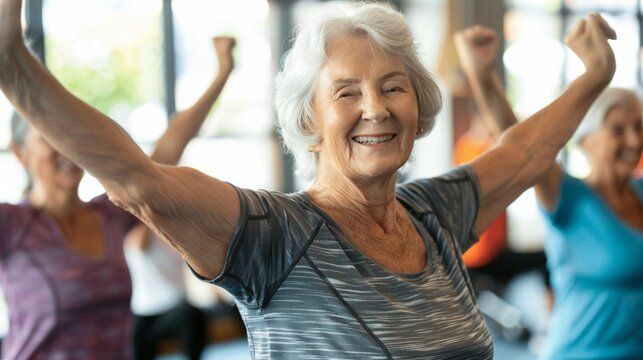 Gymnastik im Seniorenheim. Sportliche Bet&auml;tigung von alten Menschen. Frauensport, Fitness und Bewegung im Alter.