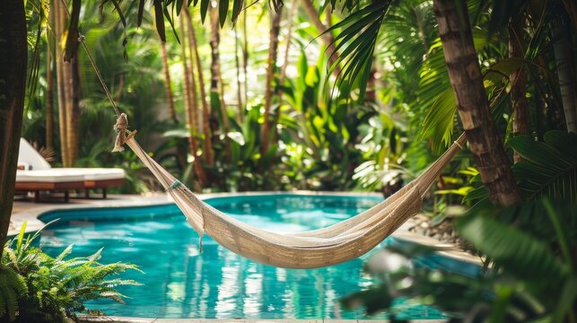 H&auml;ngematte am t&uuml;rkisblauen Pool: Eine tropische Wohlf&uuml;hloase voller Palmen und ruhiger Atmosph&auml;re, perfekt f&uuml;r entspannte Urlaubsmomente im Freien.