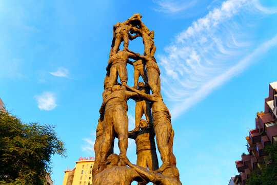 Tarragona, Spain - July 9, 2024: Cultural Heritage of Tarragona if form of the Human Tower Sculpture