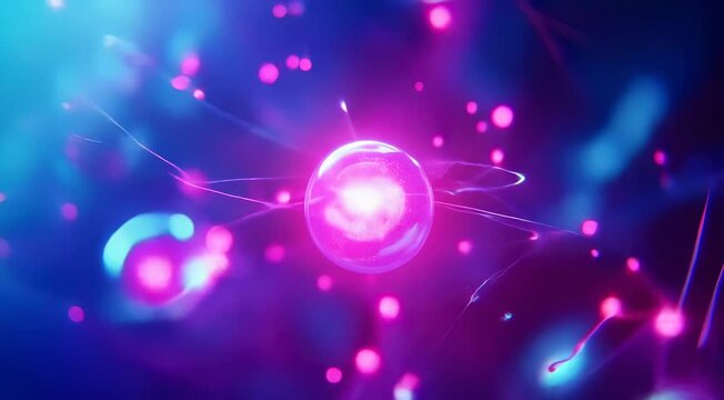 Abstract digital illustration of glowing neon atoms with electron orbits in a vibrant sci-fi setting