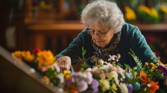 Seniorin beim Blumenarrangement &ndash; Liebevolle Hingabe an duftende Natur
