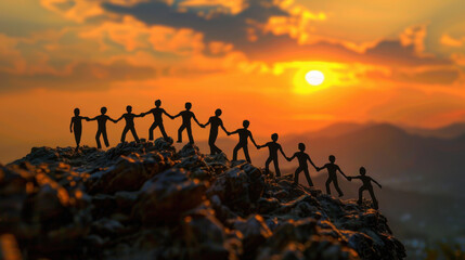 Silhouetted figures holding hands atop a hill during a stunning sunset, symbolizing unity, teamwork, and community spirit.