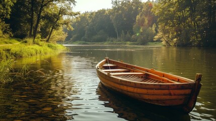Obraz premium Ruderboot auf einem ruhigen See. Romantischer Moment mit Platz für Text.