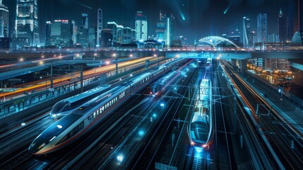 Futuristic High-Speed Trains in Modern Cityscape