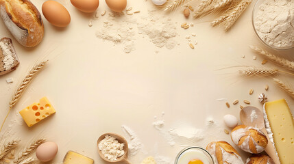 Obraz premium bread and wheat, Baking ingredients, food ingredients background, wheat, breads, cheese, eggs, flour