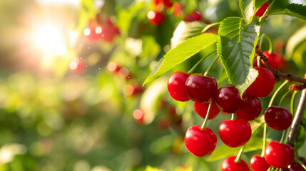 Ripe red cherry on a sunny day ready for harvest with bokeh effect in background. For food catalogue, seasonal promotion, food content, ads, post and seasonal marketing materials.