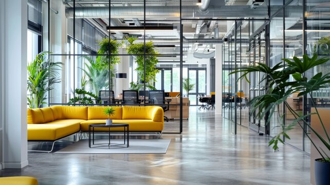 Helles Open-Space-B&uuml;ro mit Glasw&auml;nden und Gr&uuml;npflanzen &ndash; Moderne Arbeitswelt zum Wohlf&uuml;hlen