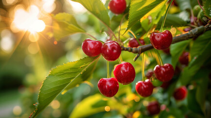 Obraz premium Ripe red cherry on a sunny day ready for harvest with bokeh effect. Banner with copy space. For food catalogue, seasonal promotion, food content, ads, post and seasonal marketing materials.