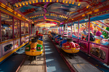 Obraz premium Vibrant carnival scene with colorful rides and games.