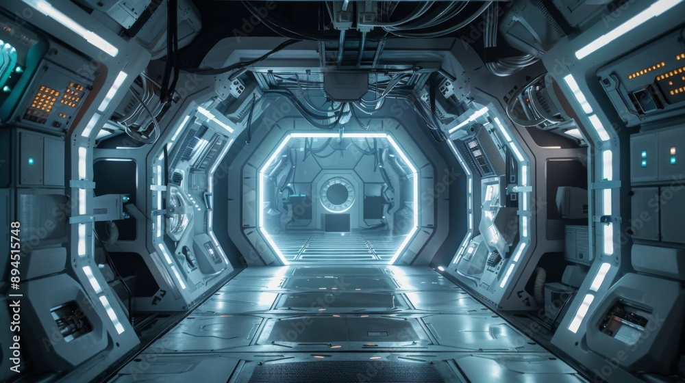 Poster a futuristic spaceship corridor with glowing lights, showcasing a sleek and modern design.