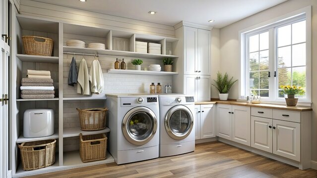 Modern laundry room with stylish organization and lots of natural light for a bright, airy feel. Bright and airy laundry room with washer and dryer, open shelves, and natural light from a large window - Powered by Adobe