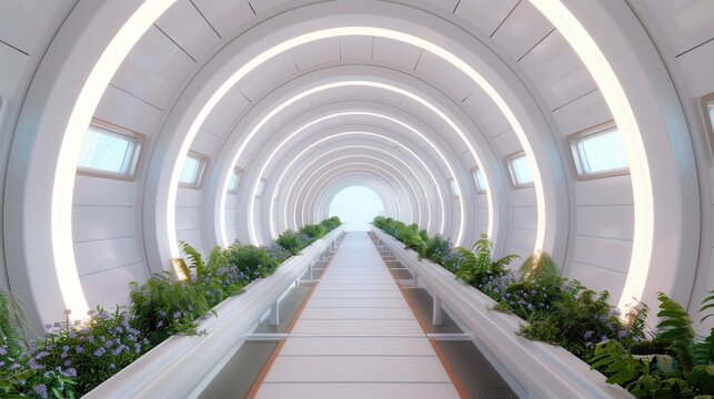 Walkway in the garden, Visionary space colony with innovative infrastructure, Extraterrestrial City development