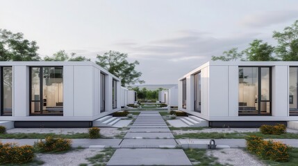 White modular housing with advanced infrastructure, innovative residential solutions, eco-friendly for website and media decorations 