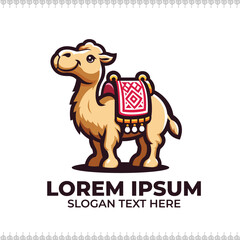 Camel logo illustration, cute camel icon mascot logo illustration walking on desert white background