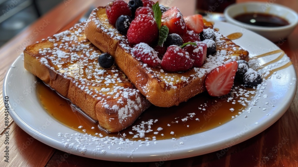 Poster a plate of french toast topped with powdered sugar and berries, served with maple syrup on the side.