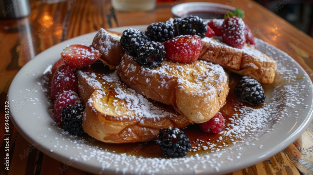 Poster a plate of french toast topped with powdered sugar and berries, served with maple syrup on the side.