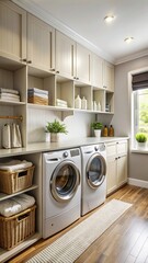 Modern laundry room with stylish organization and lots of natural light for a bright, airy feel. Bright and airy laundry room with washer and dryer, open shelves, and natural light from a large window