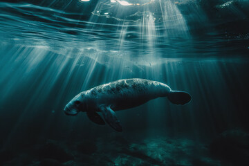 Fototapeta premium Sea elephant underwater in the ocean or sea, underwater view with space for text with sloen rays 