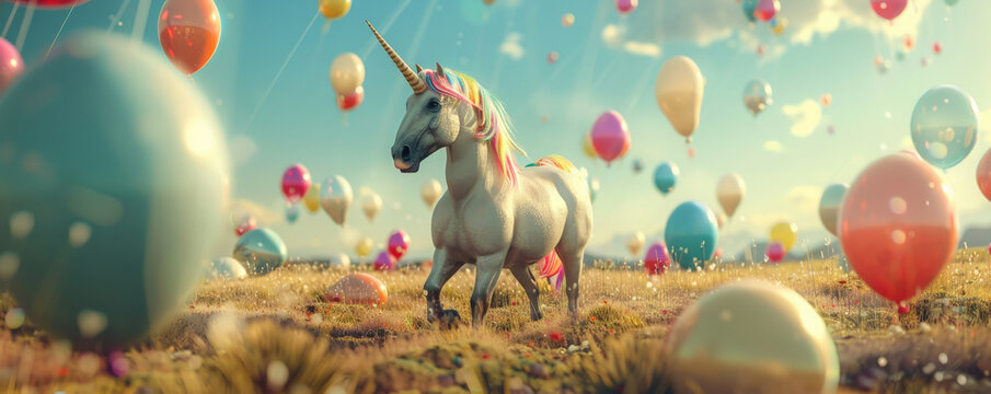 The whimsical sight of a unicorn in a field filled with vibrant color balloons, each balloon contributing to the magical and surreal ambiance.