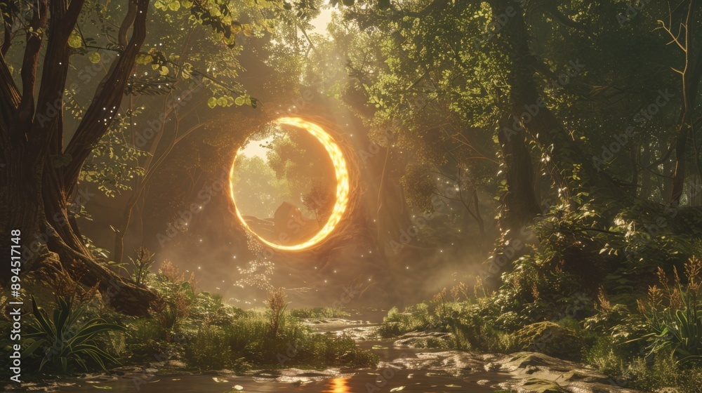 Poster a glowing golden ring floats above a stream in a lush, green forest. sunlight filters through the de