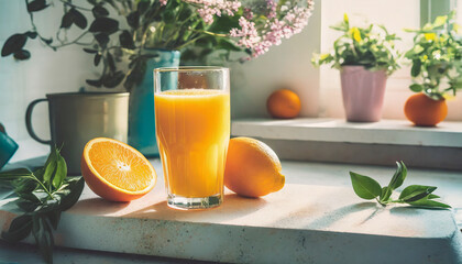 Freshly squeezed orange juice in a modern kitchen bathed in sunlight, with whole oranges around