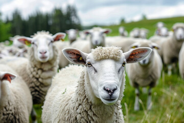 Obraz premium Sheep farm. Many sheep on a farm look closely at the camera straight ahead 