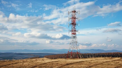 A radio broadcasting tower with signal transmission equipment, located in a rural landscape.