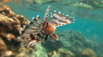 A beautiful predatory Pterois volitans swims in search of food in blue water.