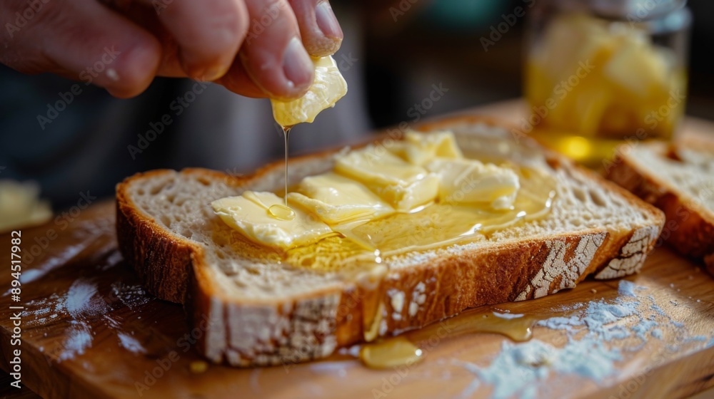 Poster A person spreading butter on a slice of warm, toasted bread, with melted butter dripping down the edges.