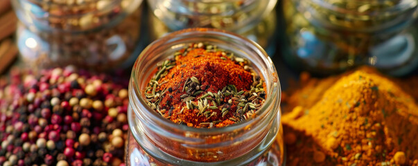 A close-up of a spice blend being mixed in a glass jar, with various colorful spices arranged around it. The dynamic colors and textures emphasize the art of creating custom spice blends.