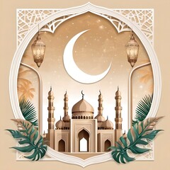 Ramadan Kareem. Eid Mubarak. Vector aesthetic illustration of crescent moon, mosque, lantern, window, frame, background, ornament, tropical leaf for greeting card, invitation or poster in beige muted
