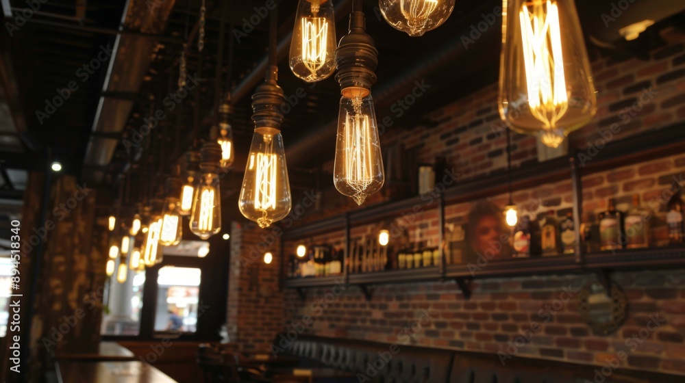 Poster a row of vintage edison bulbs hanging from the ceiling, creating a cozy and nostalgic atmosphere.