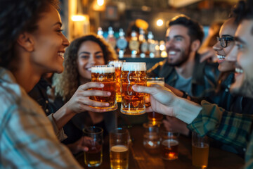 Young people having fun drinking pints of beer in a bar close up with space for text or inscriptions. Weekend fun or friends getting drunk
