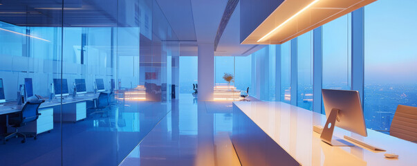 A modern office interior with LED lighting, featuring minimalist design, ergonomic furniture, and smart technology, creating a sleek and efficient work environment.