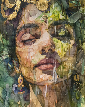 Watercolor close-up painting of Goddess Parvati, with gentle greens, golds, and pinks, showcasing her nurturing and kind expression.