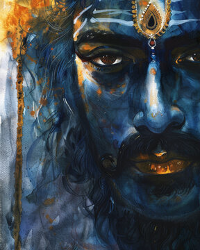 Watercolor close-up painting of Lord Ayyappa, with vibrant blacks, golds, and blues, showcasing his determined and serene face.