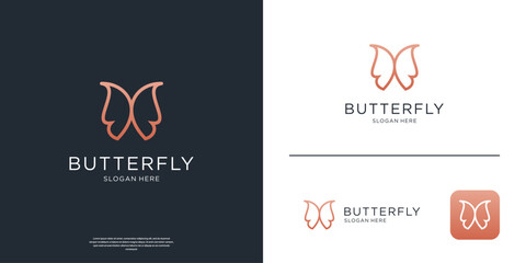 Luxury butterfly logo design template. Feminine line art logo symbol vector illustration.