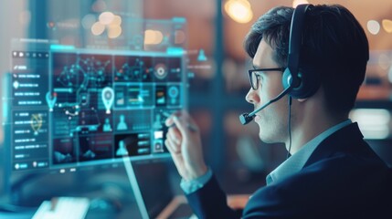 A professional support representative wearing a headset uses advanced technology on a transparent digital interface for customer service.