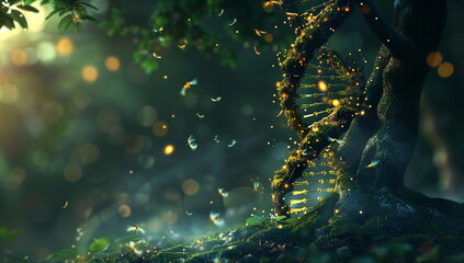 A glowing DNA helix intertwined with a tree in a mystical forest. Backdrop for design card, invitation, banner, poster with copy space