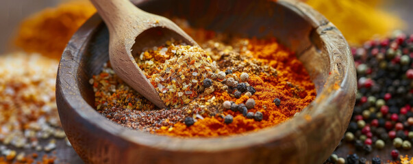 A spice blend being mixed in a wooden bowl, with various spices like paprika, turmeric, and cumin arranged around it. The bright colors and rich textures emphasize the art of creating custom spice