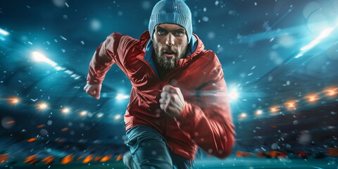 Fototapeta premium A man running on a stadium track in a red jacket