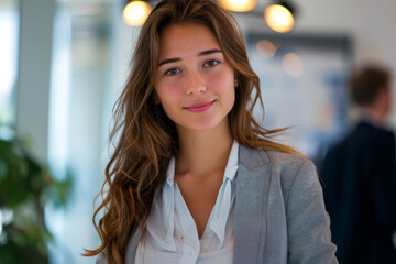 Obraz premium Close-up portrait of young smiling business woman posing in office corridor with space for text or inscriptions 