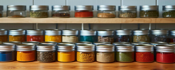A collection of spice tins, each labeled with a different spice name, arranged neatly on a kitchen counter. The colorful labels and visible spices inside the tins create an organized and visually
