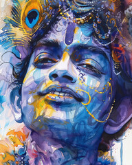 Watercolor close-up painting of Lord Krishna, with rich blues, purples, and yellows, showcasing his playful smile and the intricate details of his peacock feather crown.